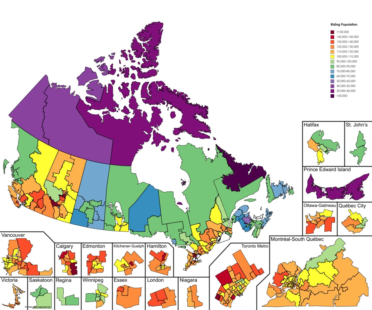 A map of Canada, subdivided into ridings that are color coded to correspond to population