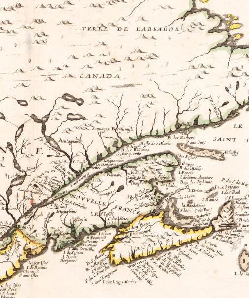 Map eastern Canada including what now Nova Scotia, New Brunswick, PEI, and parts of Quebec and the state of Maine