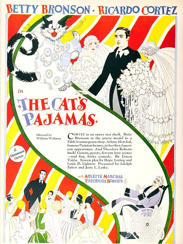 Ad featuring drawings of various well-dressed people and a cat wearing pajamas