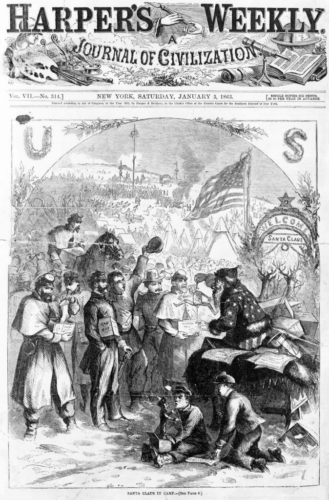 Black-and-white drawing of a bearded, fat man wearing a fur suit with a stars-and-stripes pattern sitting in a sleigh and distributing gifts to Union Civil War soldiers. An American flag and a sign reading “Welcome Santa Claus” is in the background.