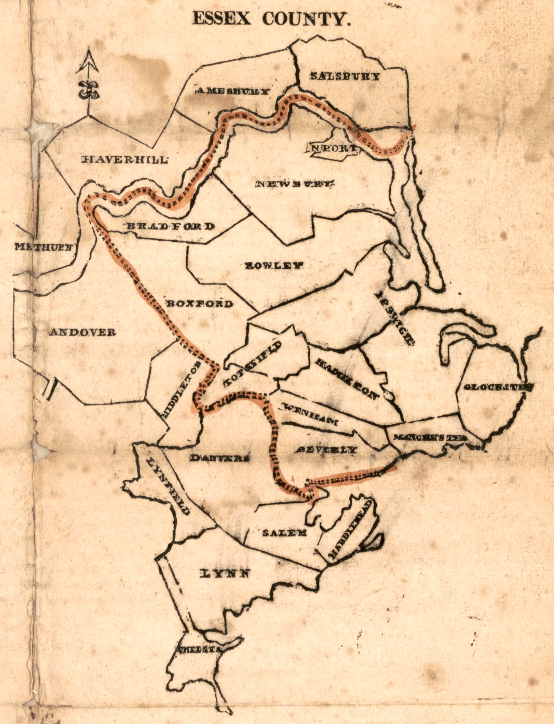 Political map of Essex County, Massachusetts showing the town borders and a red line dividing one district from another