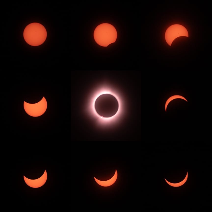 Collage of 9 photos showing the various phases of a total solar eclipse