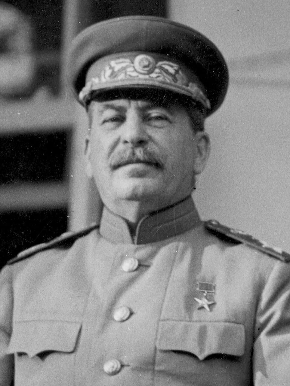 B&W headshot of Joseph Stalin in military uniform