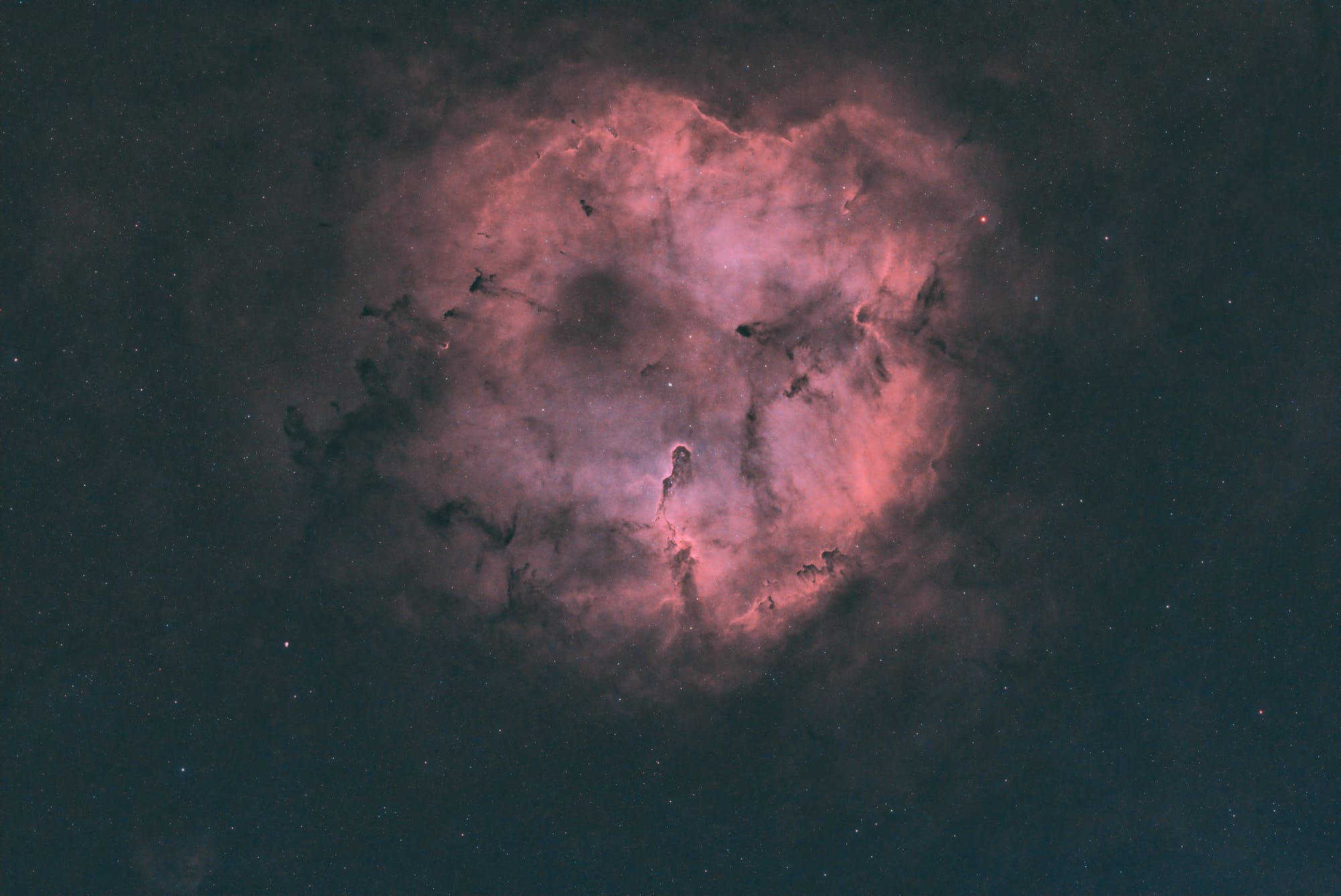 A circular nebula of red gas with a column resembling an elephant's trunk extending from the edge to the center