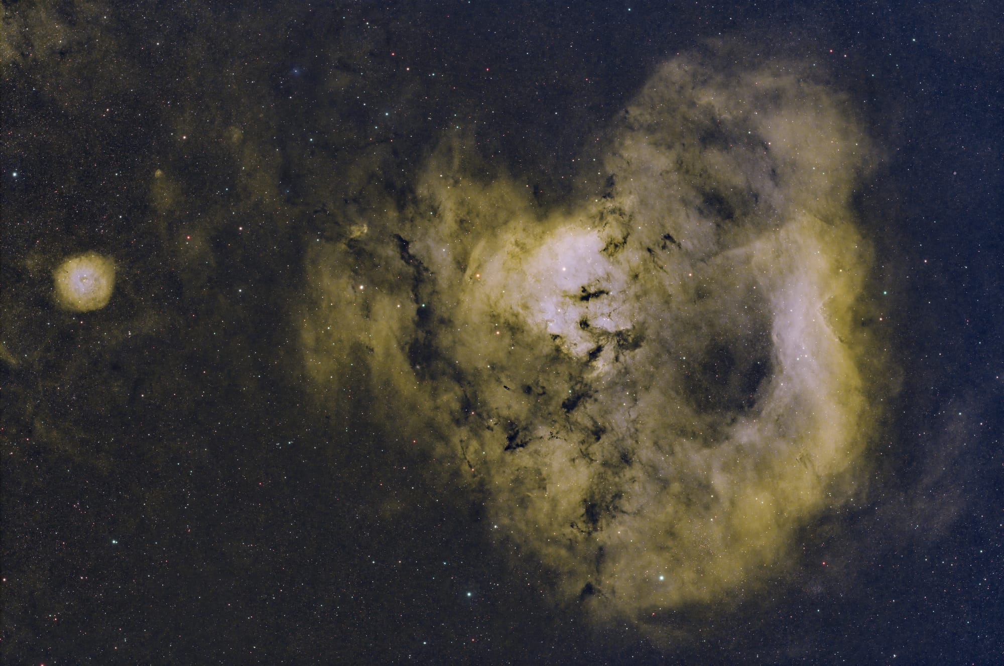 Two brownish nebulae, one large roughly in a "V" shape, the other a small, tight ball