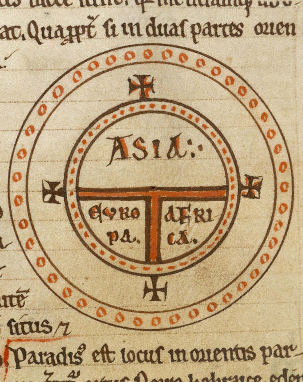 A round diagram depicting the three continents of Asia and the east (top), with Europe and Africa below