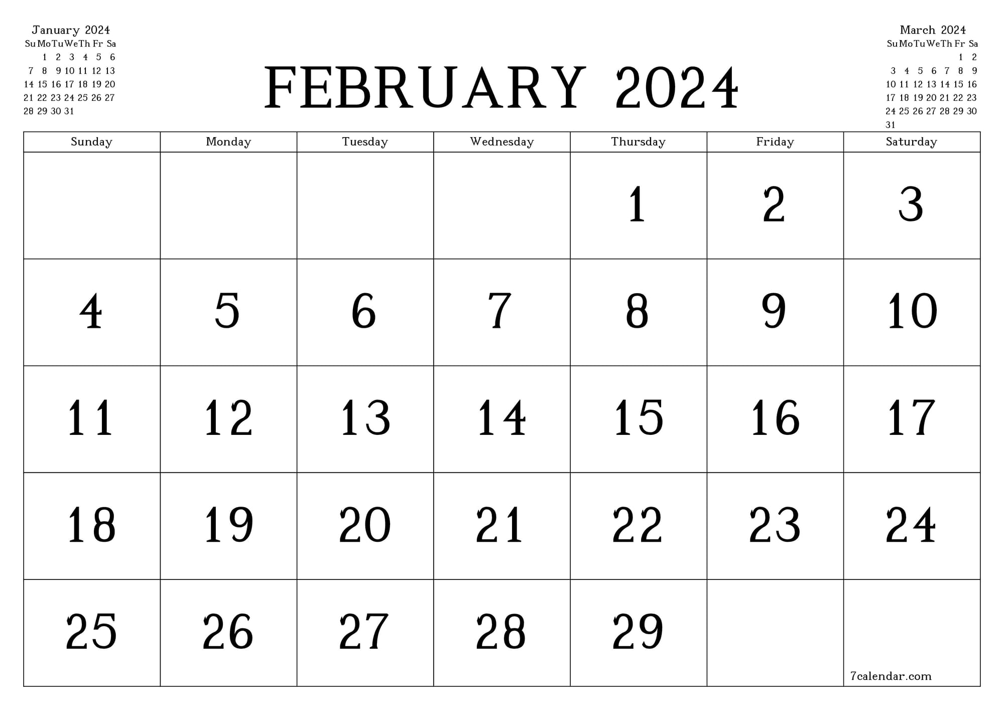Calendar for February 2024, including February 29