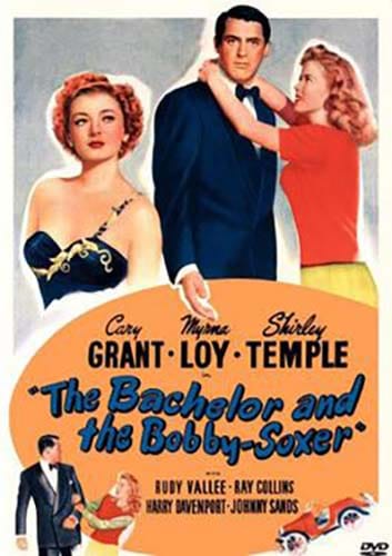 Movie poster for 1947’s The Bachelor and the Bobby-Soxer. Image Shirley Temple embracing a confused Cary Grant.