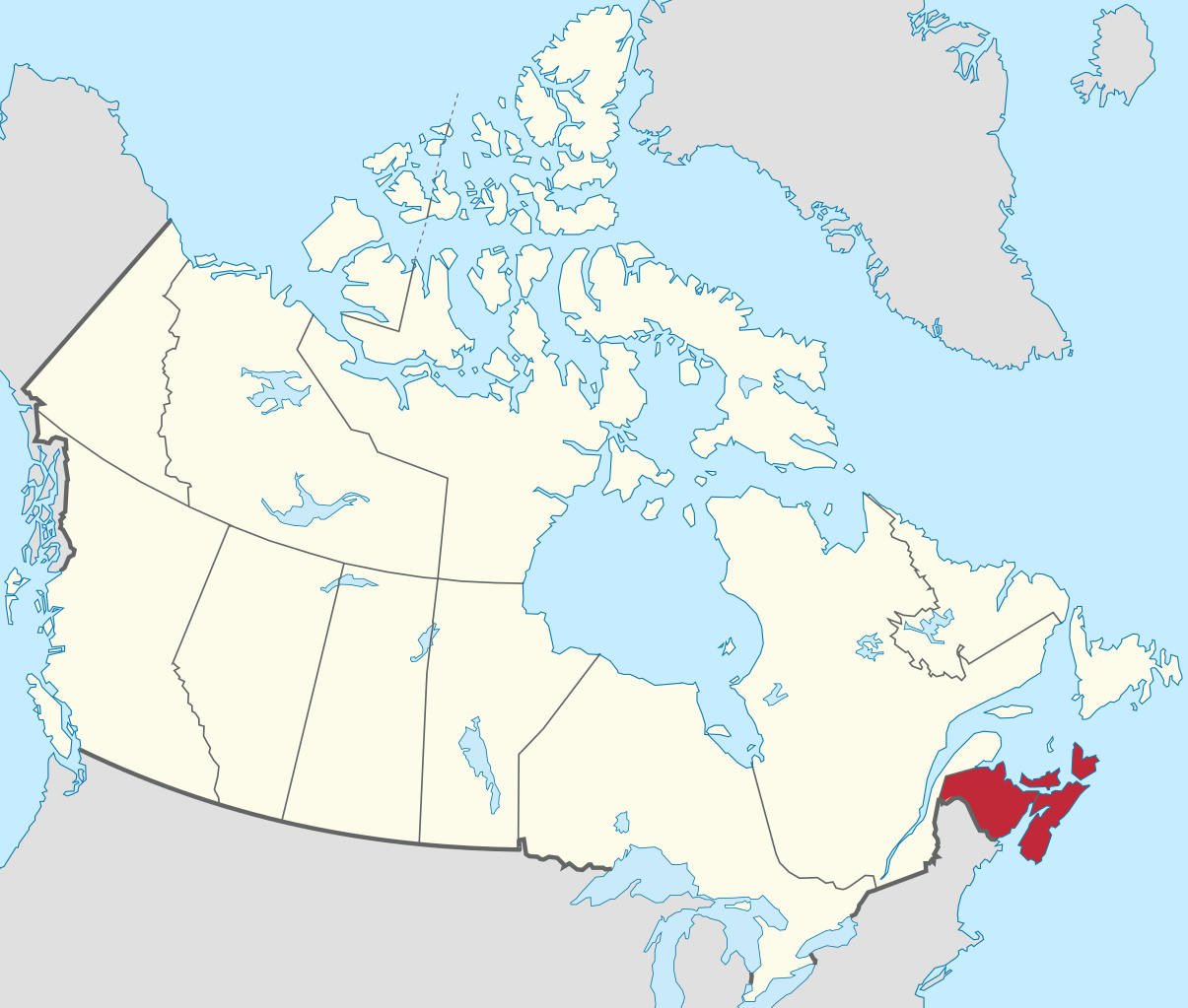 Map of Canada with the Maritime Provinces (New Brunswick, Nova Scotia, and Prince Edward Island) marked in red