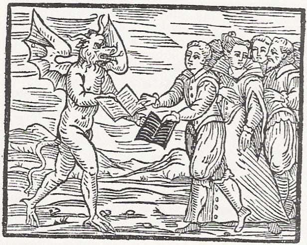 Illustration of the devil, with horns, wings, and tail, exchanging books with a crowd of people