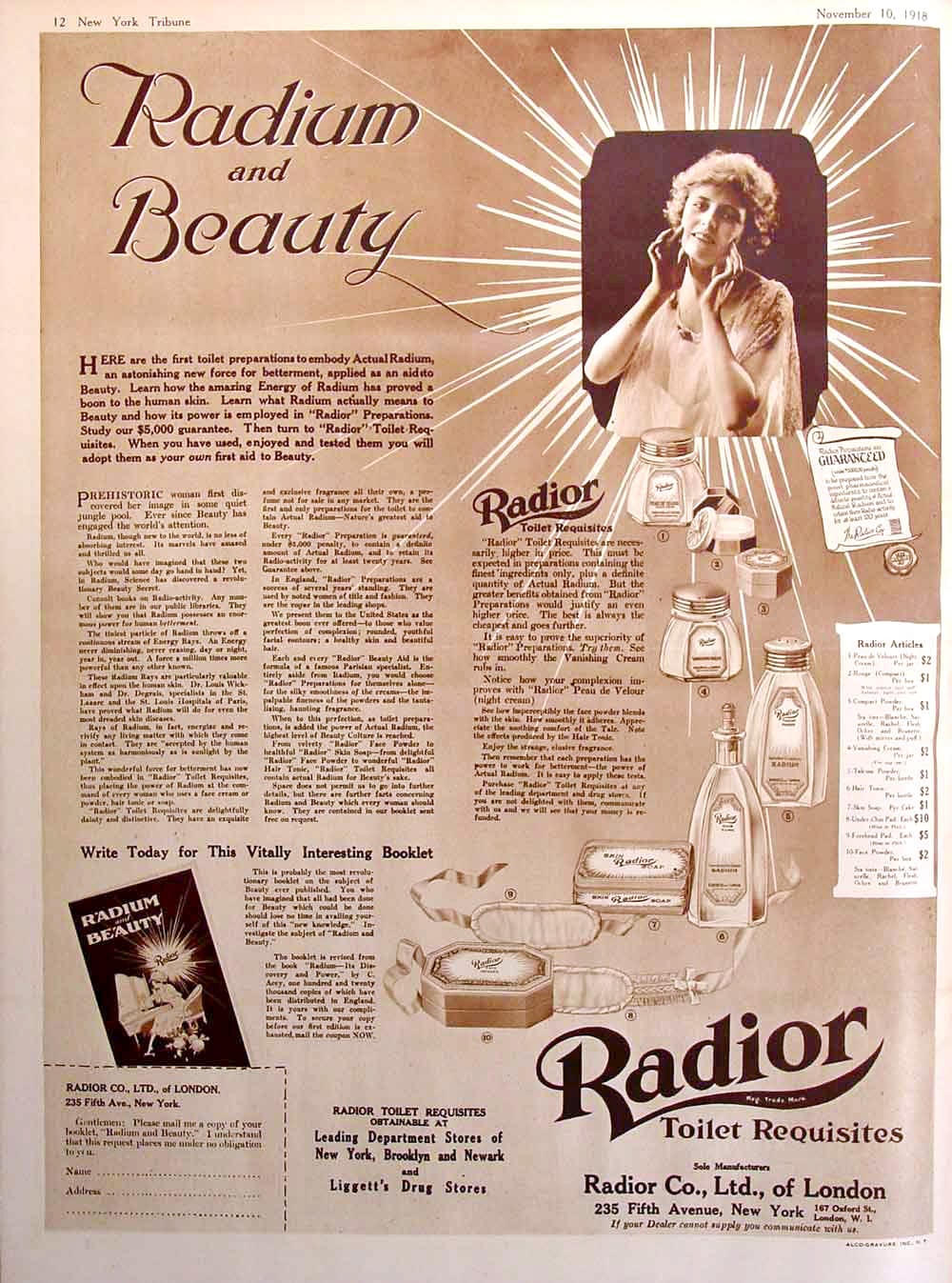 Full-page magazine ad, “Radium and Beauty,” with a photo of a woman touching her cheeks with spikes emanating from it