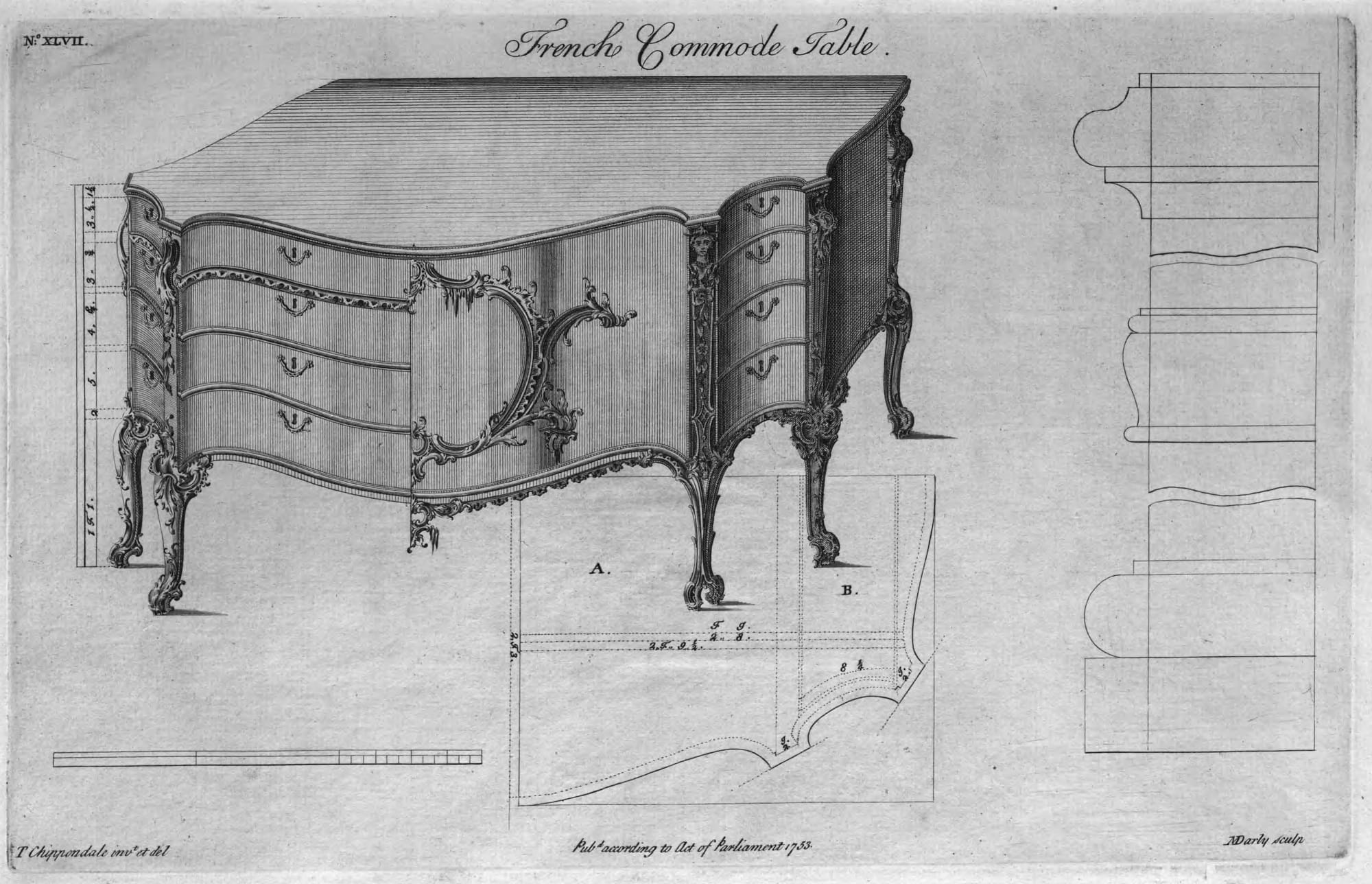 Cabinetmaker’s drawing and plan for an ornate chest of drawers