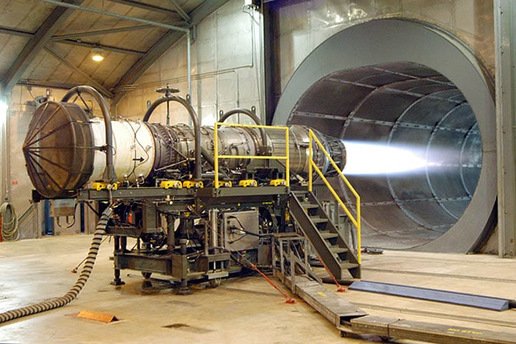 A jet engine being fired on a test stand