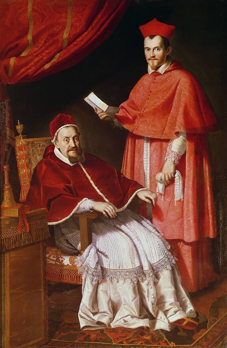 Oil-on-canvas painting of a seated pope with a younger man in a cardinal’s hat standing next to him