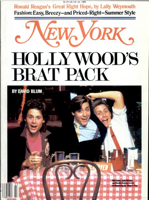 Magazine cover with the headline “Hollywood’s Brat Pack” and a picture of actors Rob Lowe, Judd Nelson, and Emilo Estevez