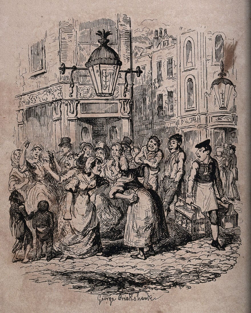 Drawing of two women in 19th-century dress arguing on a city street; a crowd has gathered around them