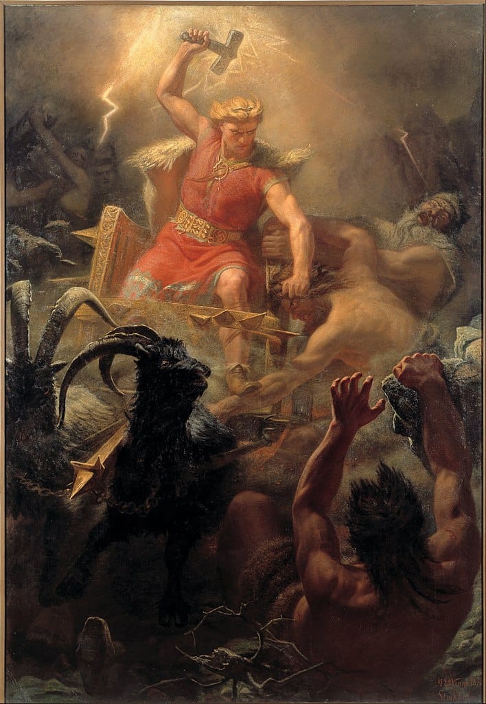 Oil on canvas painting of Thor on his goat-driven chariot and wielding his hammer against giants