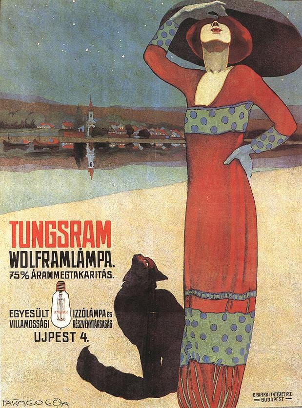 Poster featuring a woman and cat looking up at the night sky, with the words “Tungsram Wolframlampa.”