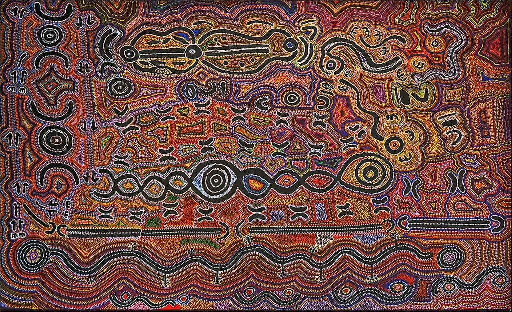 Colorful abstract painting depicting a dreamtime story