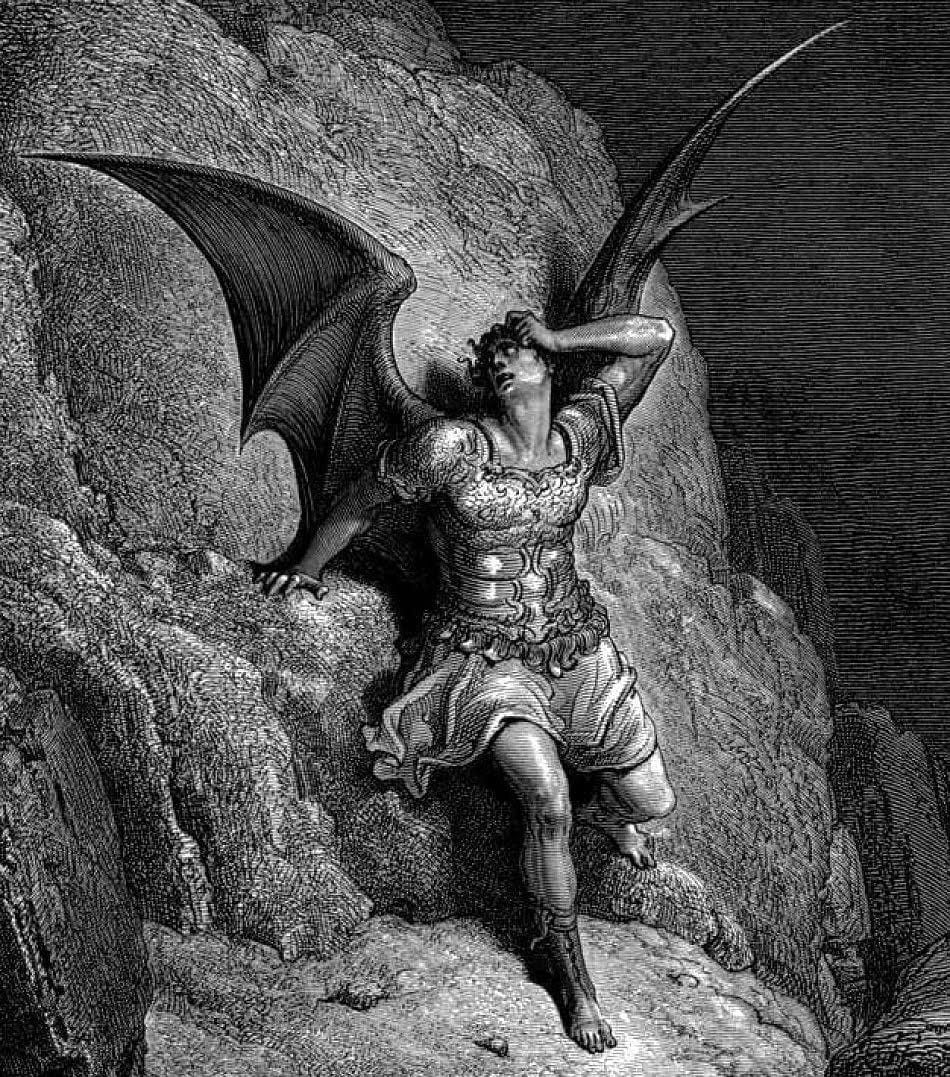 Black & white drawing of a winged angel wearing an armored breastplate and leaning against a rocky escarpment 