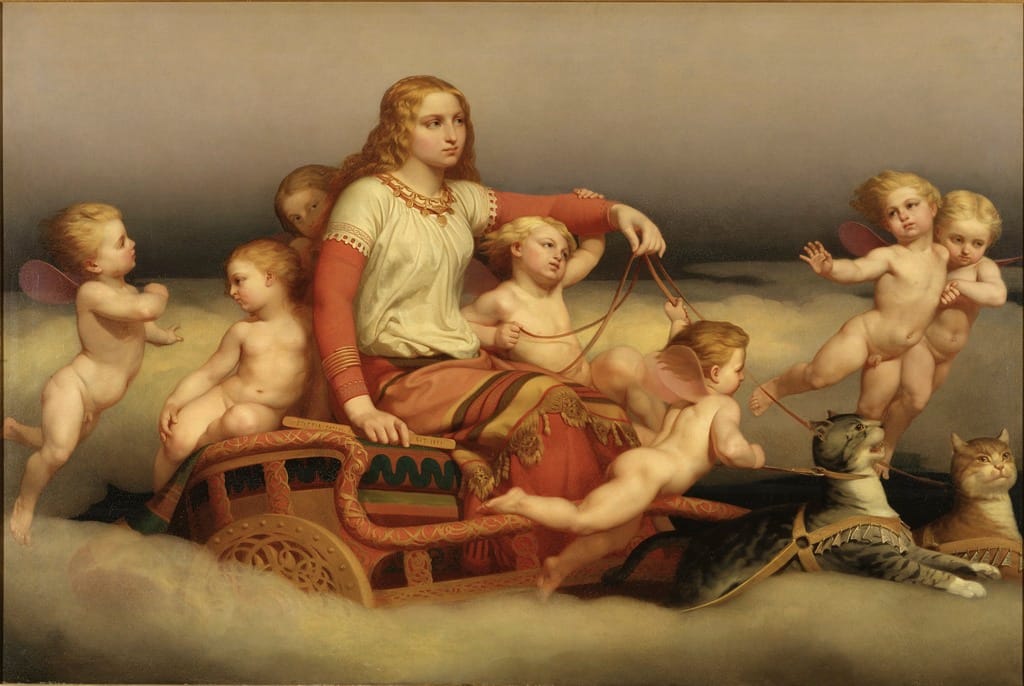 Painting of a blond woman on a cart drawn through the clouds by two cats & surrounded by seven elves (depicted as cherubim)