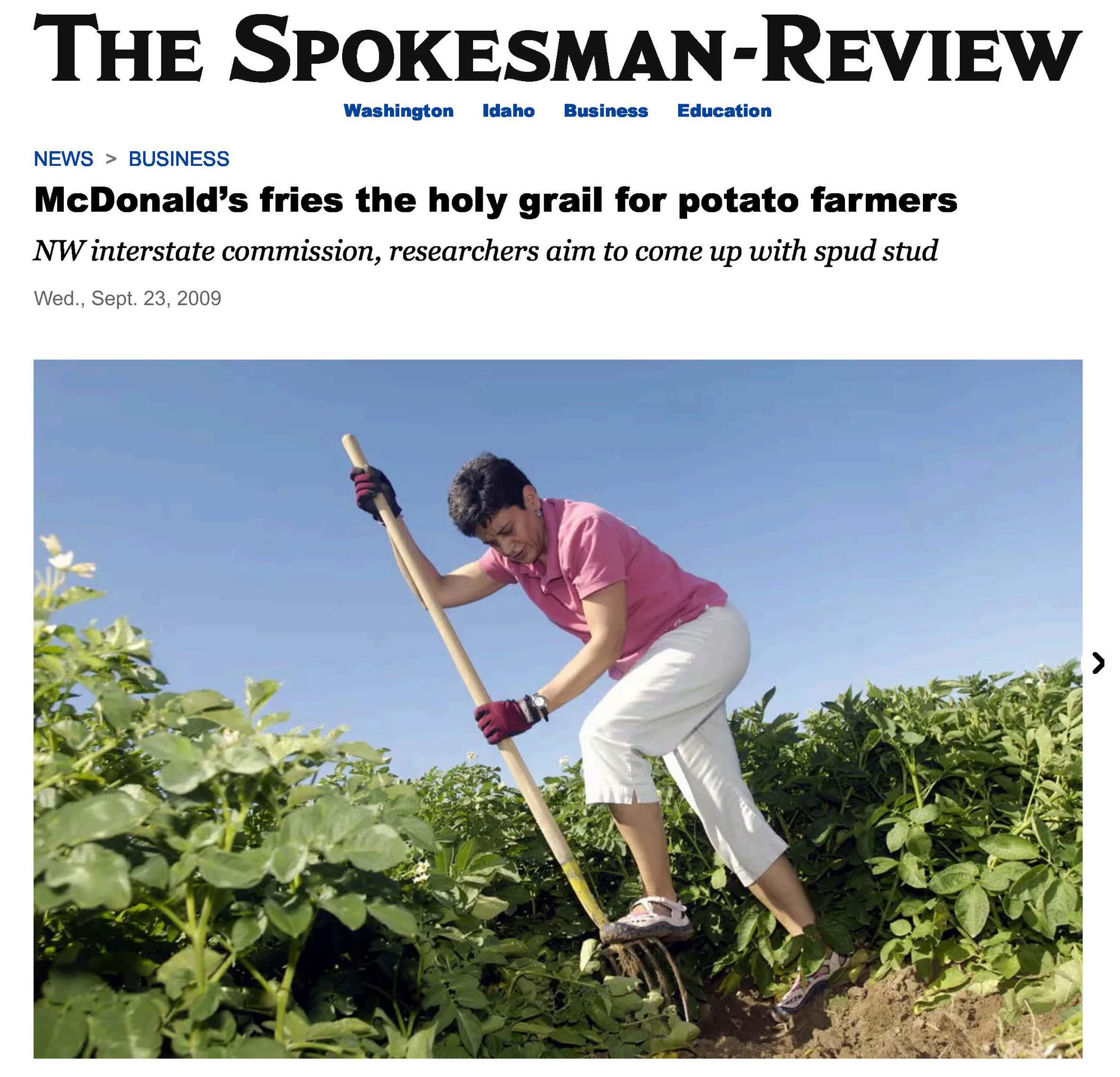 Photo of a woman digging up a potato plant under the headline, “McDonald’s fries the holy grail for potato farmers”