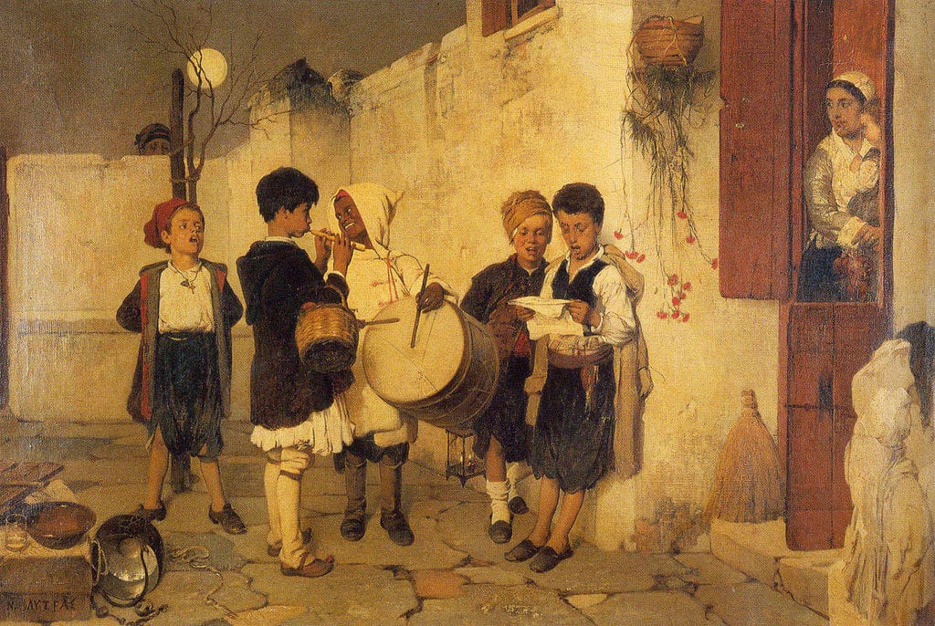 5 children in traditional Greek dress singing and playing instruments; a woman with a baby is in the door listening