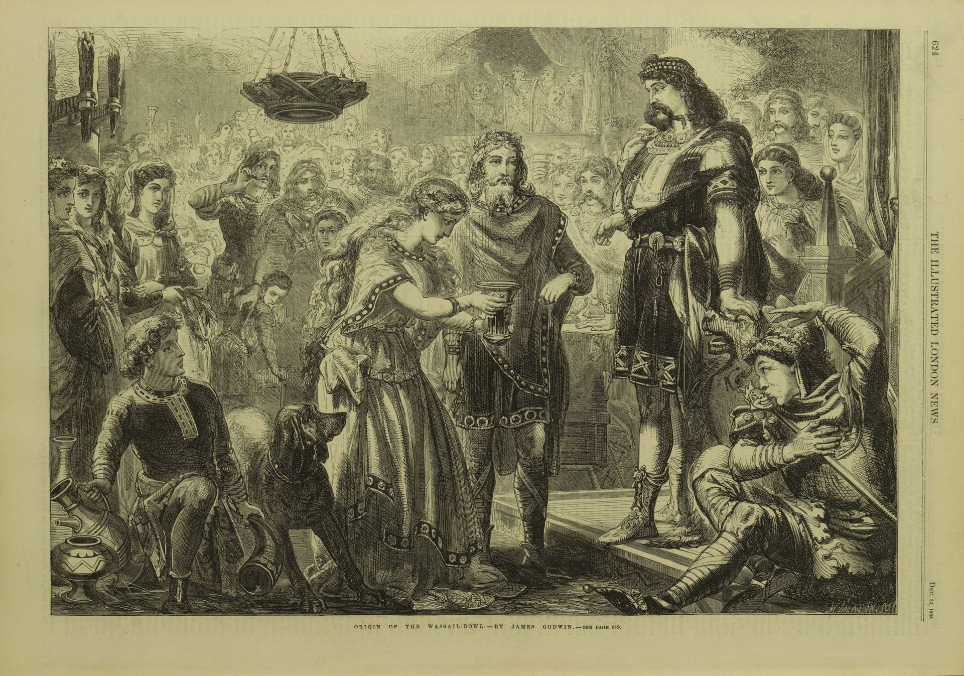 19th-century engraving of an early medieval woman, surrounded by courtiers, presenting a drinking cup to a king