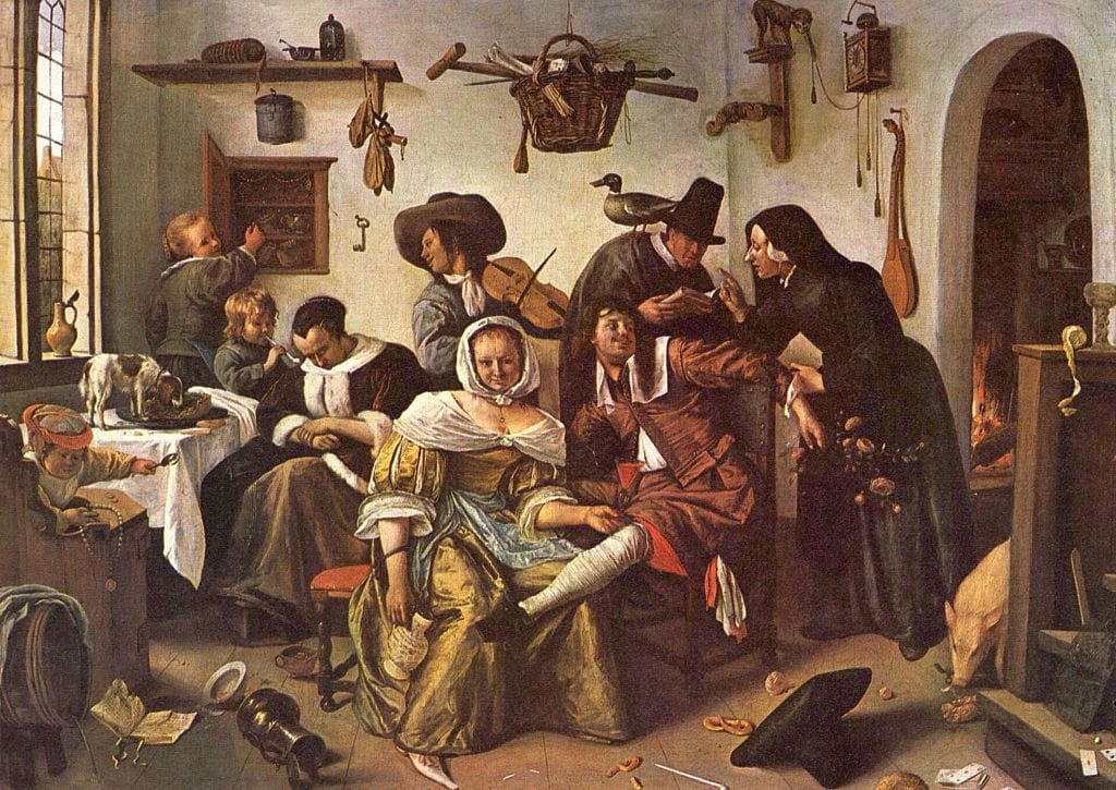 Painting of nine people in traditional Dutch dress engaged in riotous behavior