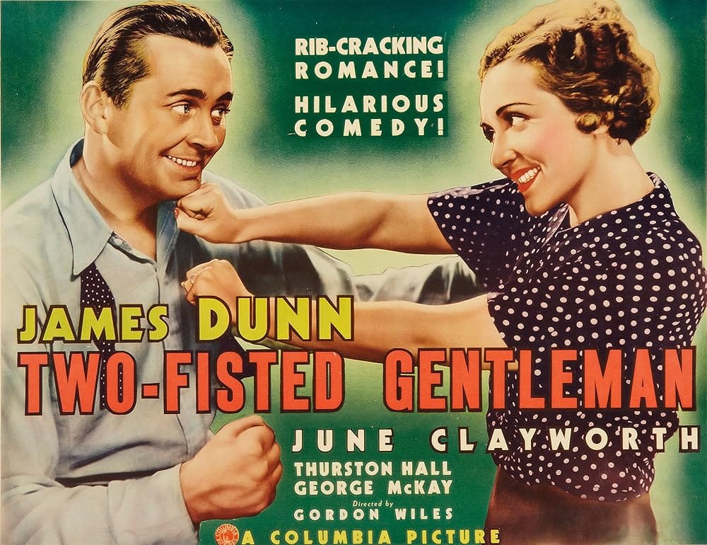 Movie poster featuring a man and a woman playfully sparring, with the tagline, “Rib-Cracking Romance! Hilarious Comedy!”