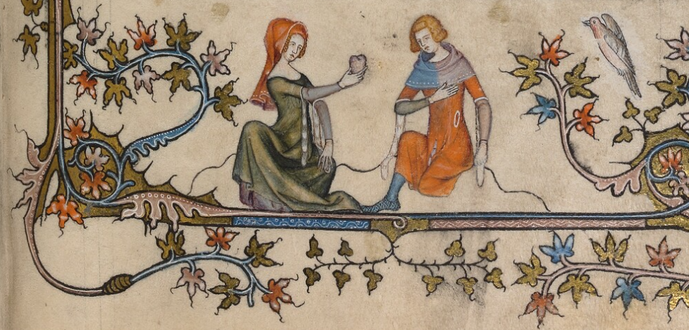 Medieval woman ioffering a man a heart. Marginalia in a 1338–1410 manuscript containing a copy of the Romance of Alexander