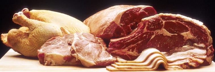 Photo of various meats (beef, pork, chicken) on a table