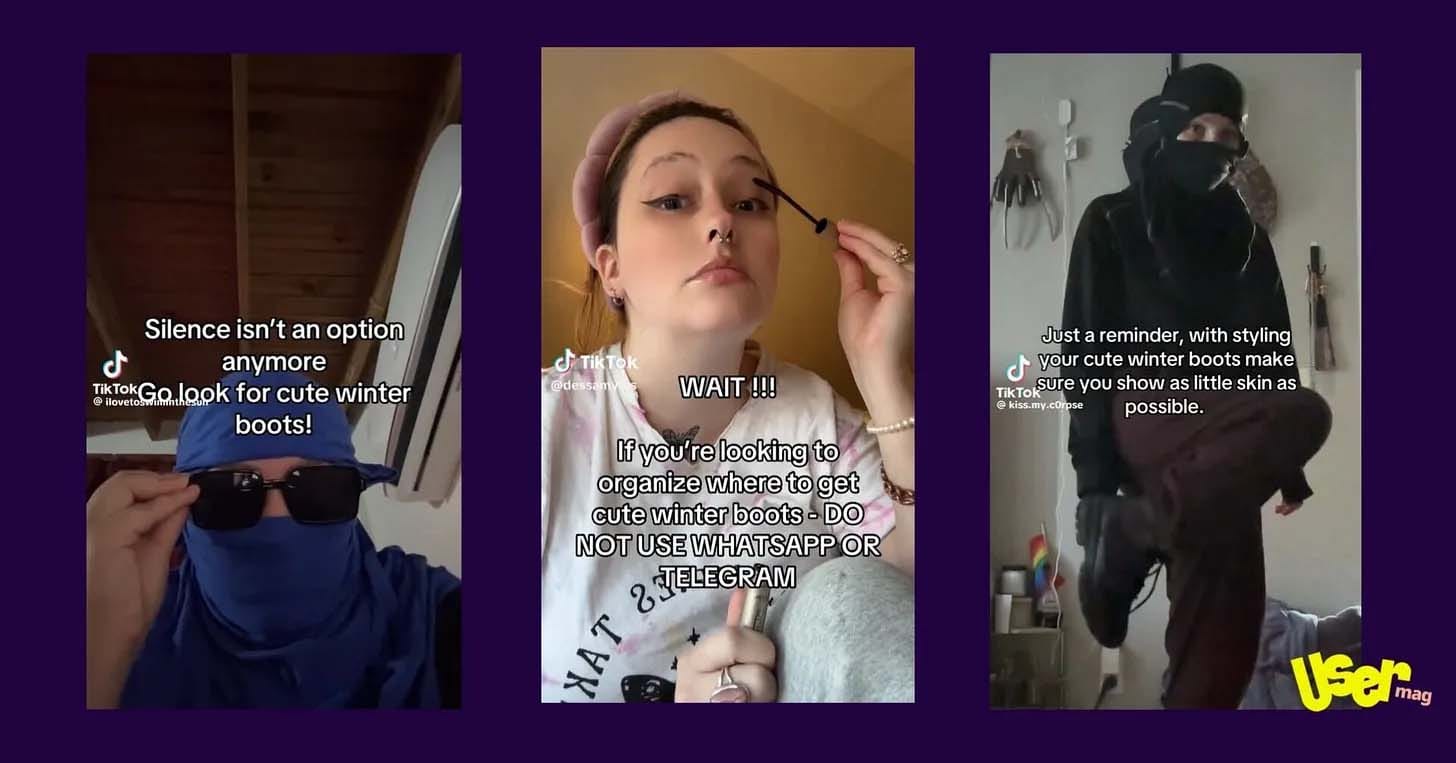 3 still frames from TikTok videos that that use the algospeak phrase “cute winter boots”