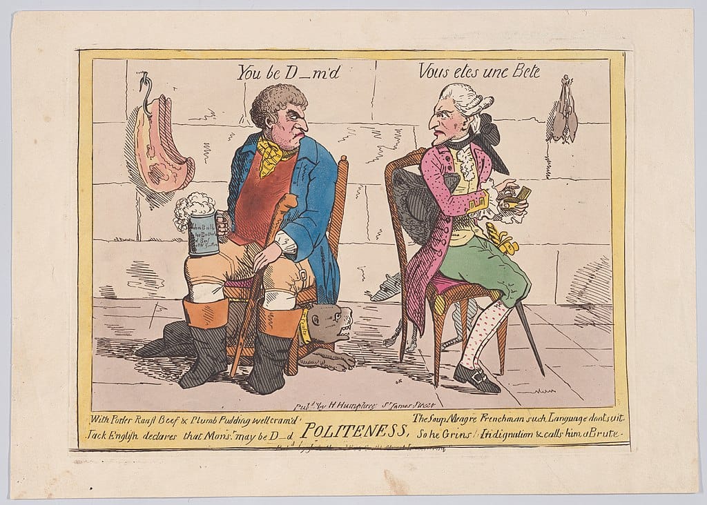 Two men in 18th-C dress glaring at each other; one says, “You be D_m’d,” the other, “Vous etes un Bete” (You are a beast)