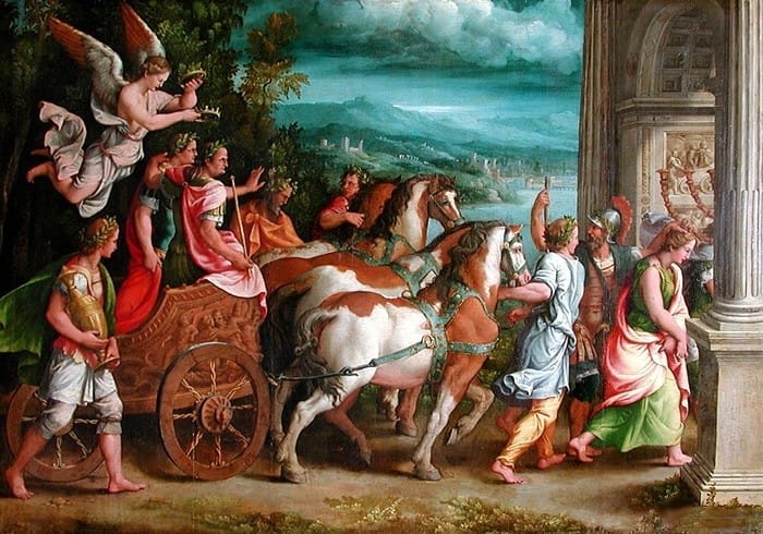 Painting of two laurel-crowned men riding in a chariot in a procession, an angel bearing crowns hovers above them