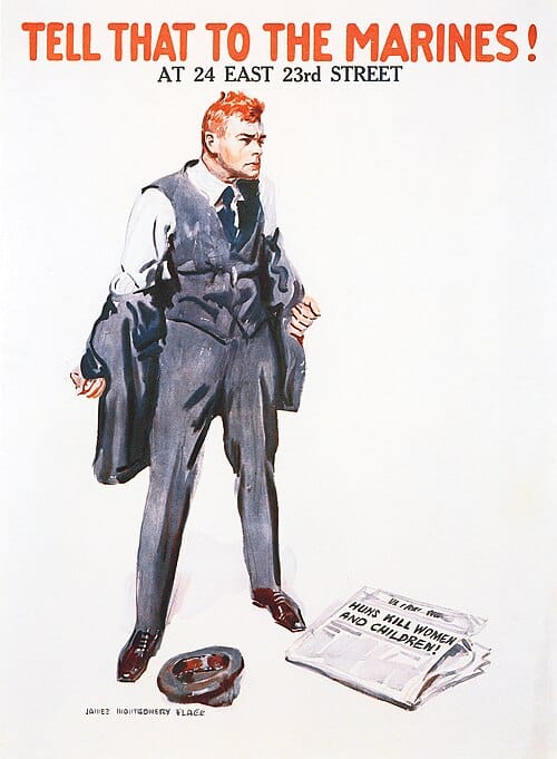 Man doffing his coat as if to fight; a newspaper telling of German atrocities at his feet; caption: “Tell it to the marines”