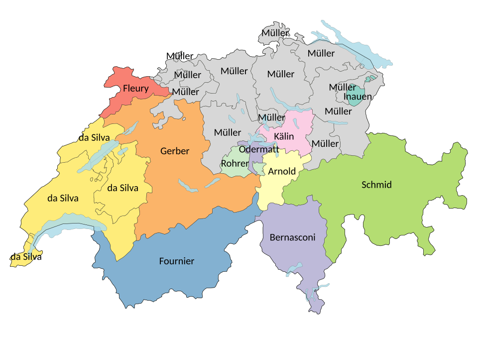 Map of Switzerland showing the most popular surname in each canton