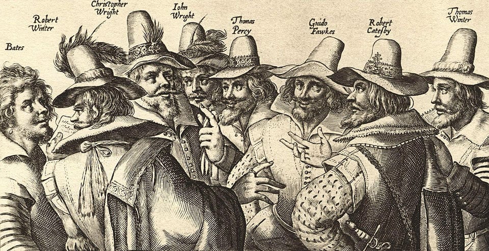 Engraving of 8 bearded men, all but one wearing hats, gathered in a circle, talking