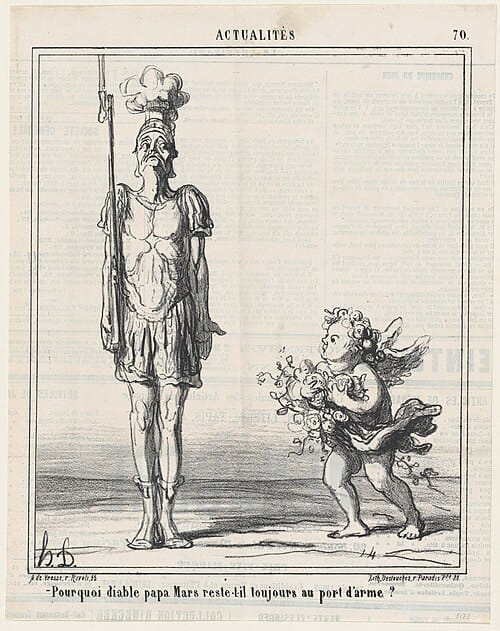 Lithograph on newsprint of the god Mars standing at attention with a rifle and Cupid carrying flowers