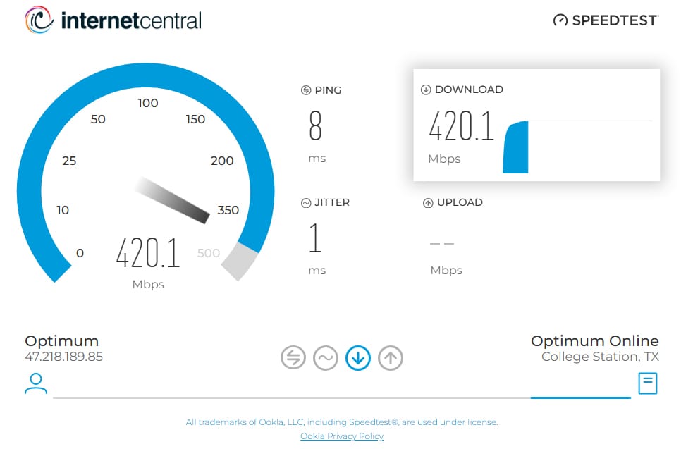 Screenshot of the Ookla internet speed test showing a download speed of 420 Mbps
