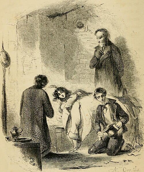 Victorian engraving of a girl lying in bed, with mother, father, and brother at the bedside looking concerned