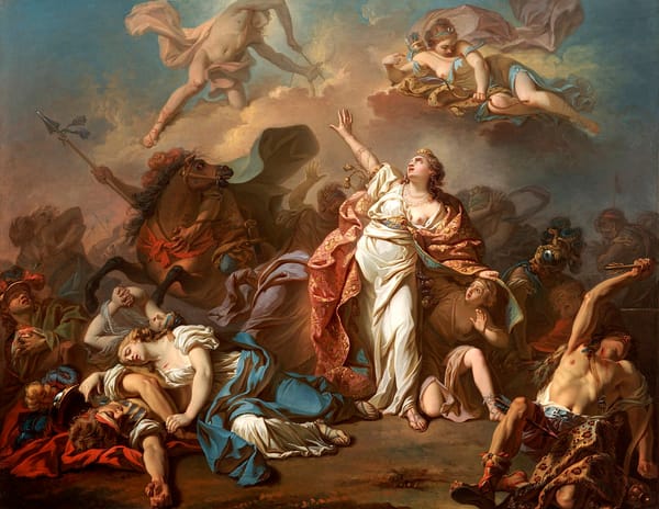 Painting of Apollo and Artemis/Diana killing people with bows and arrows while a woman futilely protests