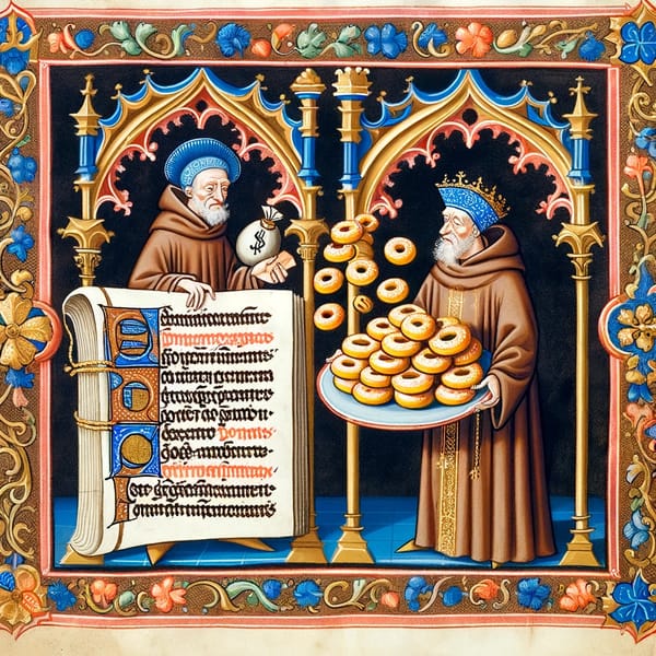 Faux-medieval image of 2 men, one haloed, one crowned, trading dollars for donuts; one man holds a book with faux-Latin text
