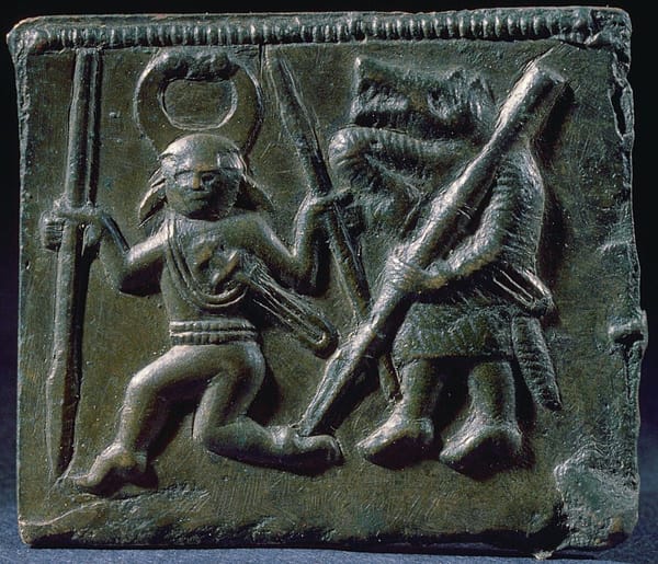 Bronze relief plate depicting a one-eyed man leading a wolf-headed man, both are carrying spears