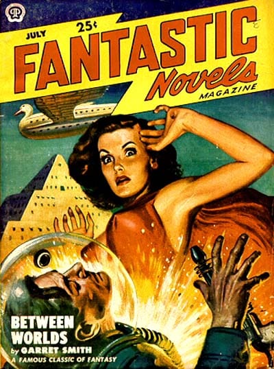 July 1949 cover of “Fantastic Novels” magazine; image of a woman looking on in horror as a space-suited man is being shot