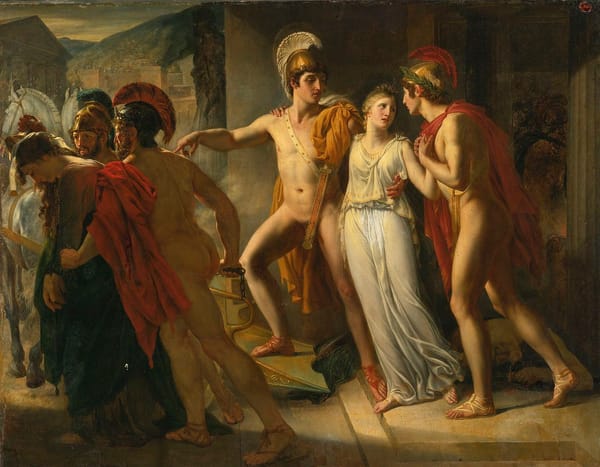 Painting of two Greek warriors leading a woman out of a city; in the foreground are other warriors leading captured women