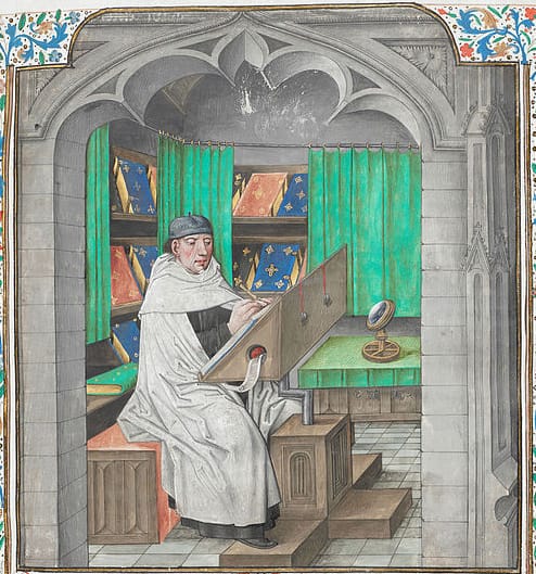 Medieval manuscript illumination depicting a man writing a manuscript