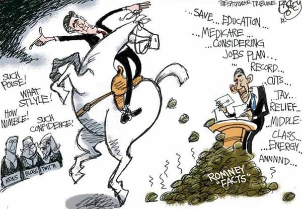 Cartoon of Mitt Romney riding a horse that is defecating lies in front of Barack Obama