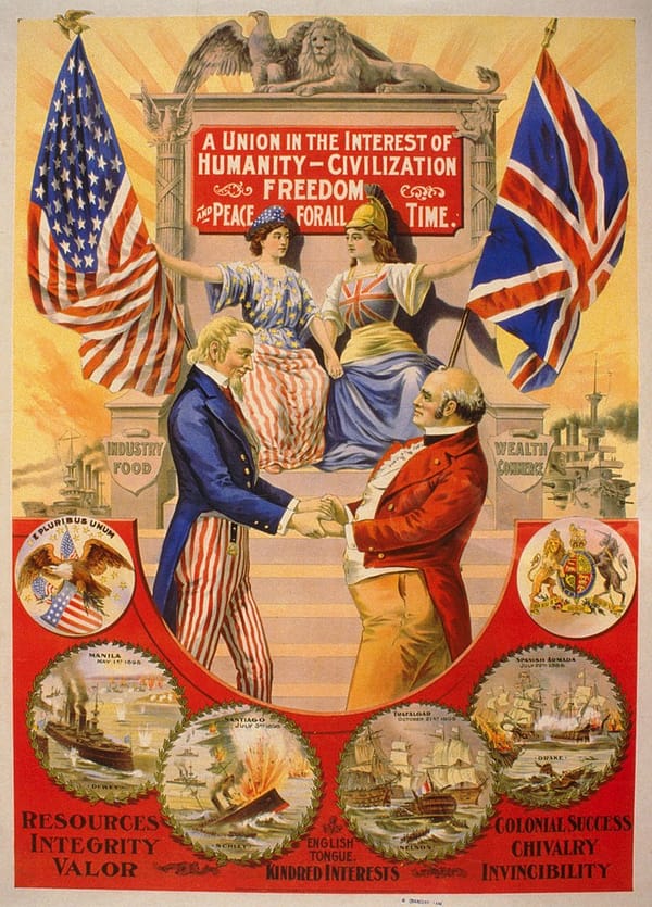 Color poster of Uncle Sam and John Bull clasping hands with Columbia and Britannia in the background holding flags