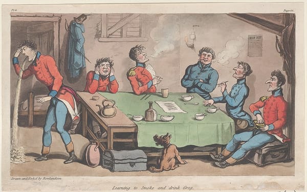 Five 19th-century British officers sit at a table drinking and smoking; another stands with his back to the table, vomiting